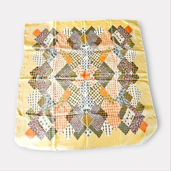 Vintage Jacques Rousseau Signed Designer Luxury Geometric Patchwork Silk Scarf